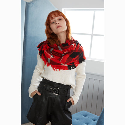 fringed check wool scarf