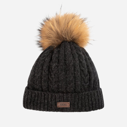 Ugg Cable Knit Pure Cashmere Beanie With Detachable Pom Pom (Raccoon)